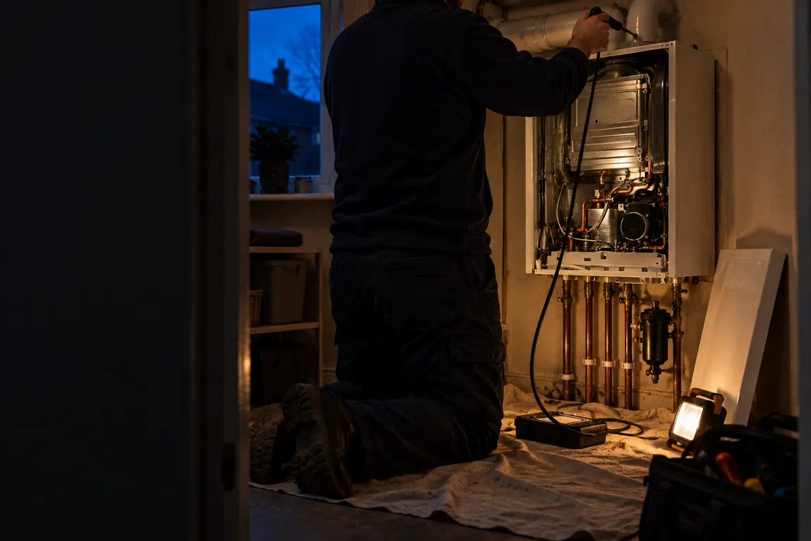 An engineer servicing a boiler with its case removed.