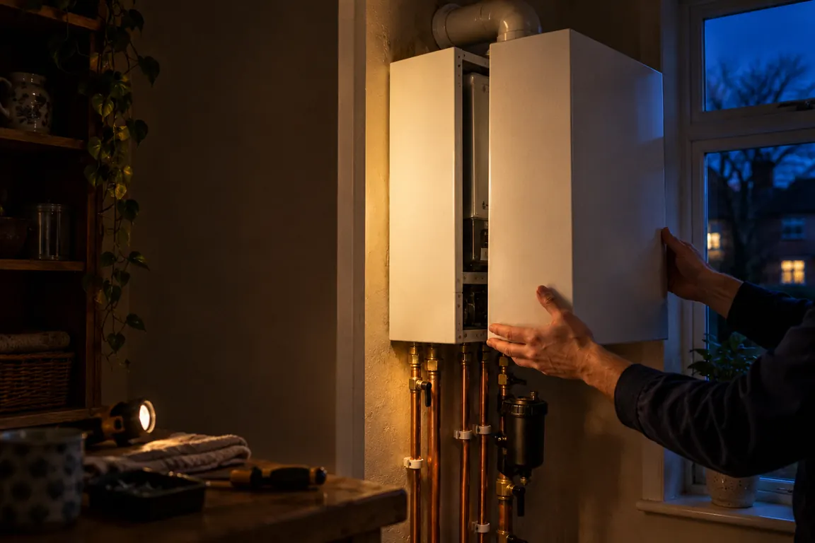 Fitting the front case onto a new boiler.