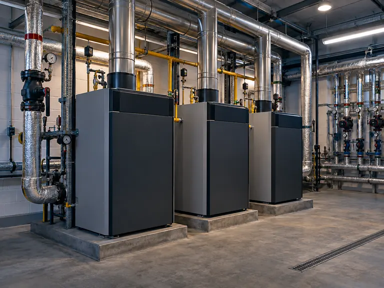 Commercial boiler room with three floor-standing boilers and insulated pipework.