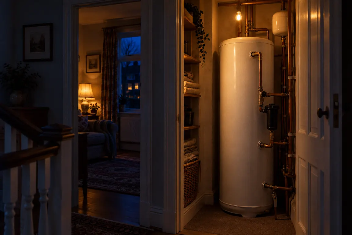 An unvented hot-water cylinder in an airing cupboard.