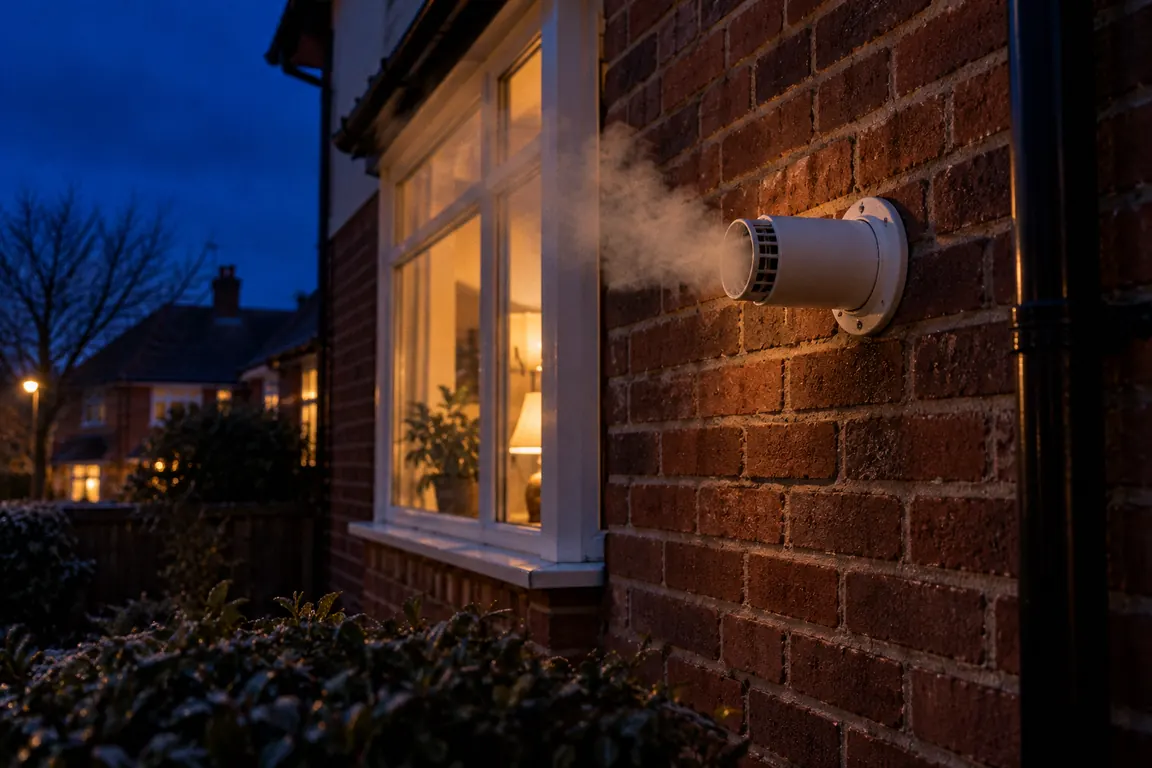 A boiler flue on an outside wall at dusk.