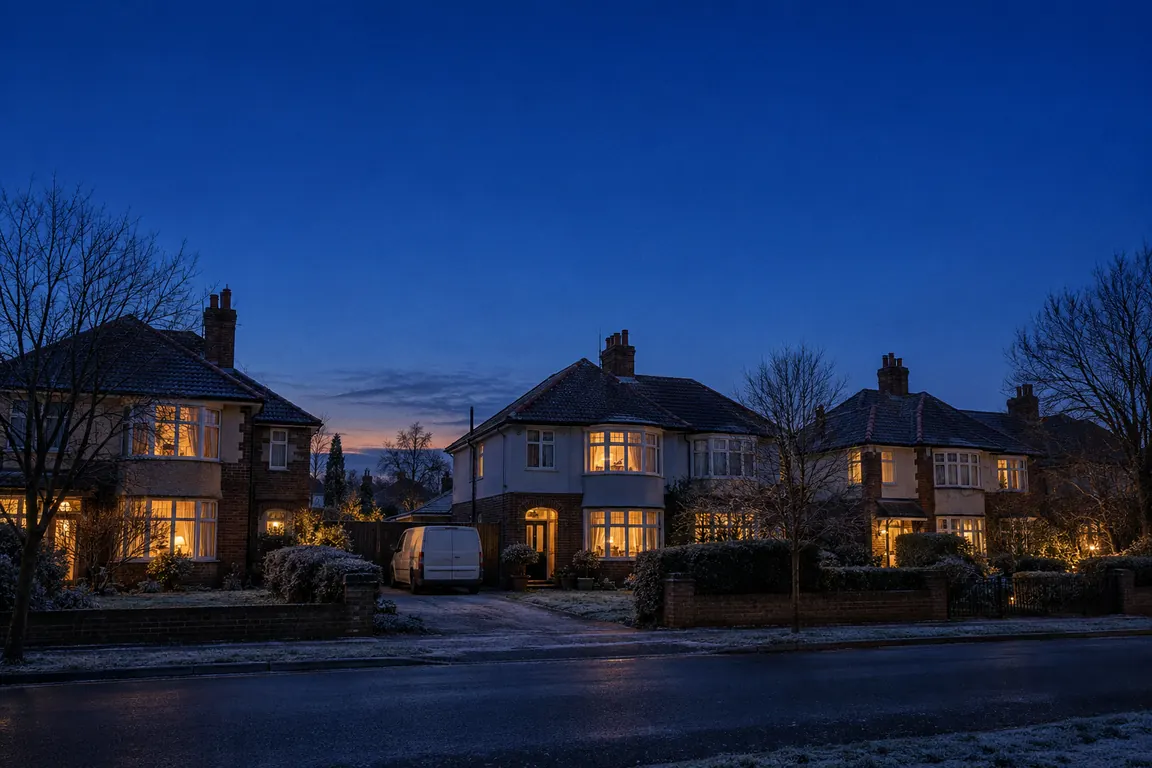 Houses at dusk with warm light in the windows.