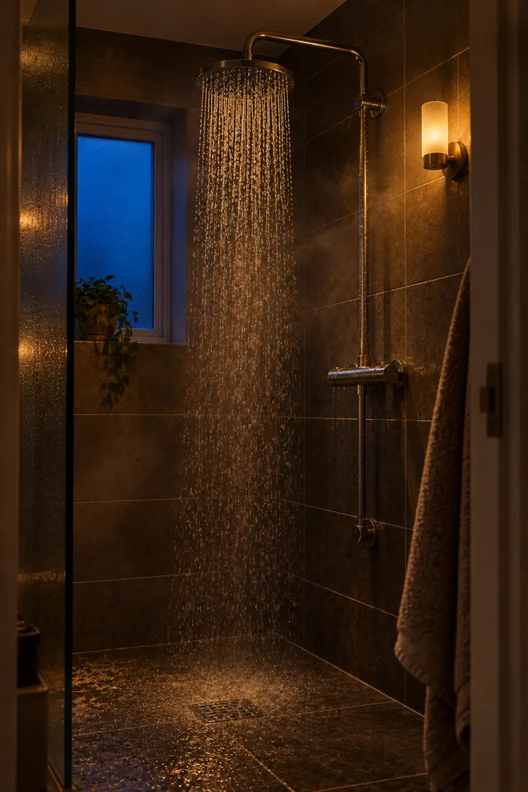 A shower running in a tiled bathroom.